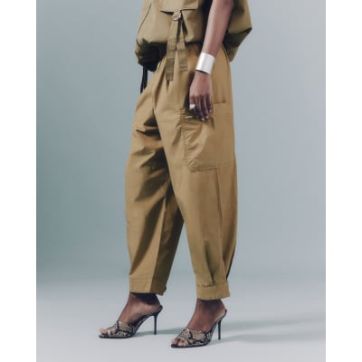 Beige Belted Barrel Trousers