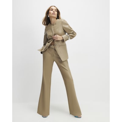 Beige Belted Faux Leather Straight Trousers