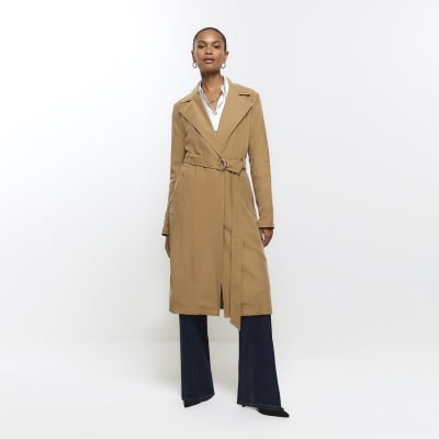 Beige belted longline trench coat | River Island