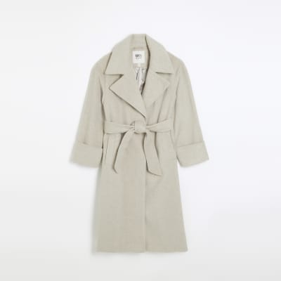 Beige belted wrap coat | River Island