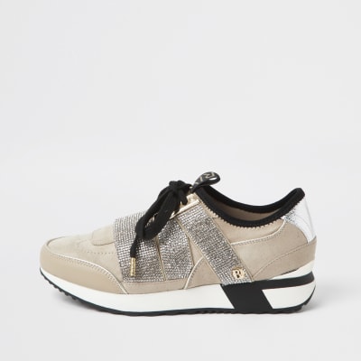 Beige bling runner lace up trainers
