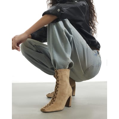 Beige Block Heel Lace Up Ankle Boots