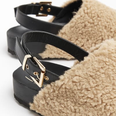 Beige borg backless shoes
