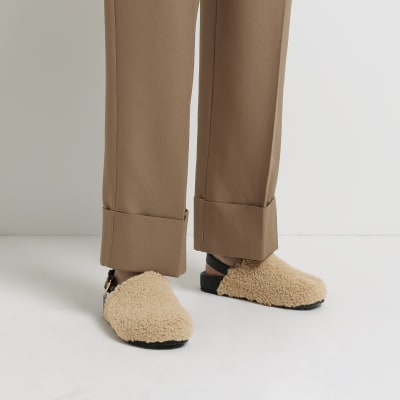 Beige borg backless shoes