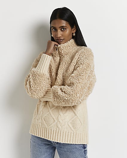 Beige borg chunky cable knit jumper