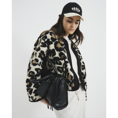 Beige Borg Leopard Trim Jacket River Island
