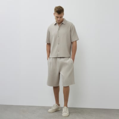 Beige Boxy Fit Chunky Plisse Revere Shirt