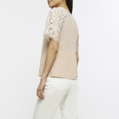 Beige Denim Patchwork Short Sleeve Ribbed Shirt