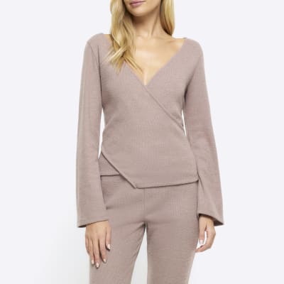 Beige brushed wrap rib top