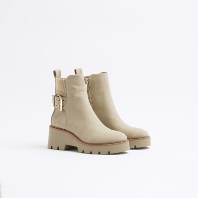 Beige buckle detail chelsea boots River Island