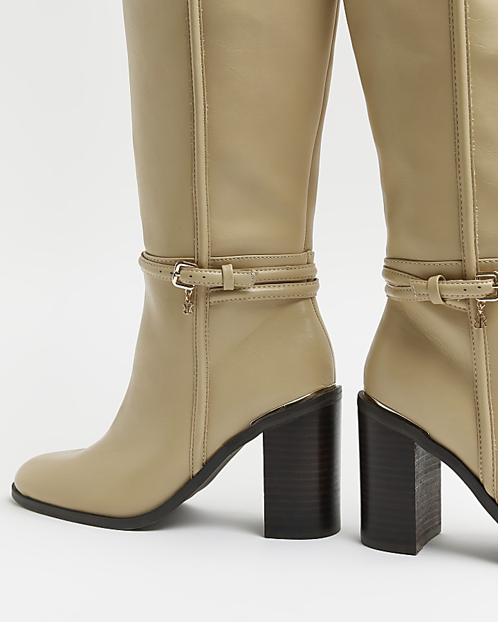 Beige buckle detail heeled knee high boots