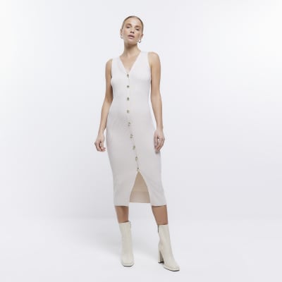 Beige Button Bodycon Midi Dress River Island