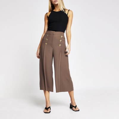 Beige button front culotte trousers | River Island