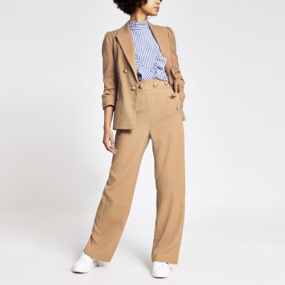 Beige button high waist wide leg trousers | River Island