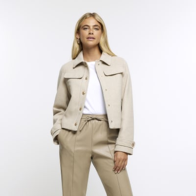 Beige buttoned up crop jacket | River Island