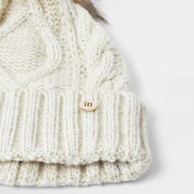 Beige cable knit beanie hat