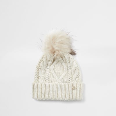 Beige cable knit beanie hat | River Island