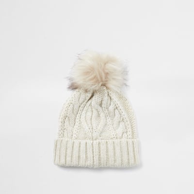 Beige cable knit beanie hat