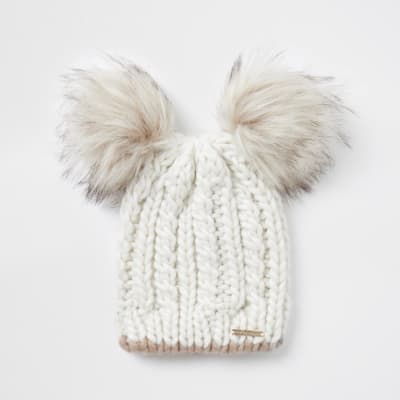 Beige Cable Knit Double Pom Pom Beanie Hat River Island