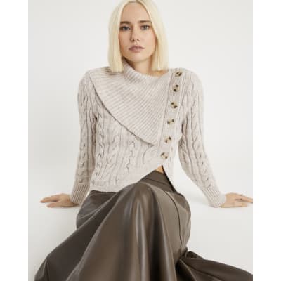 Beige Cable Knit Fold Over Jumper
