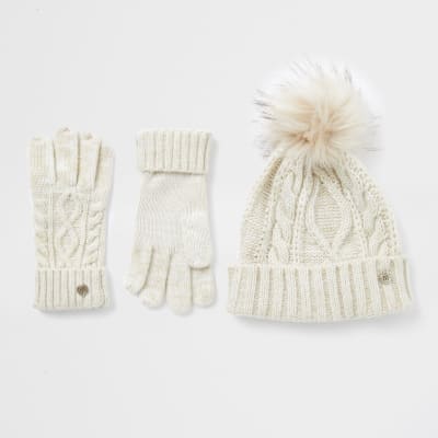 Beige cable knit hat and gloves gift set River Island