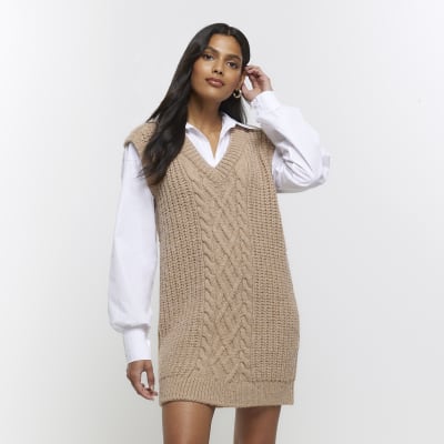 Beige cable knit hybrid jumper mini dress