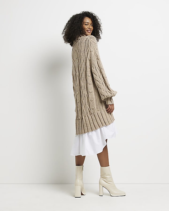 Beige cable knit mini jumper shirt dress
