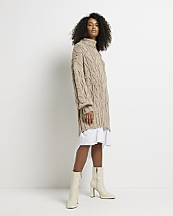 Beige cable knit mini jumper shirt dress
