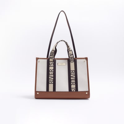 River Island jacquard barrel bag in beige