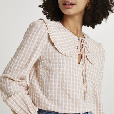 Beige check print collar blouse top