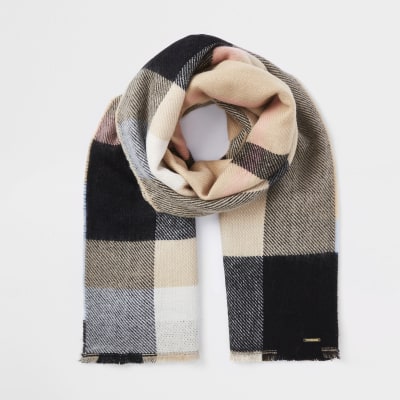 Beige check print scarf