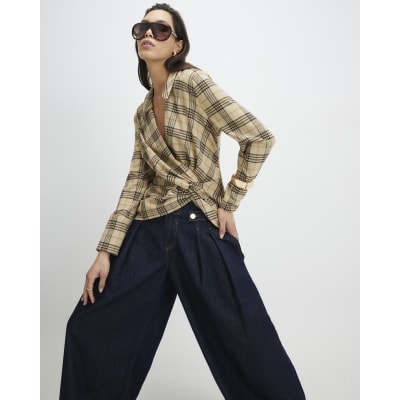 Beige Check Print Twist Detail Collared Top
