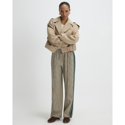 Beige Check Side Stripe Wide Leg Joggers