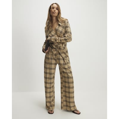 Beige Check Wide Leg Trousers
