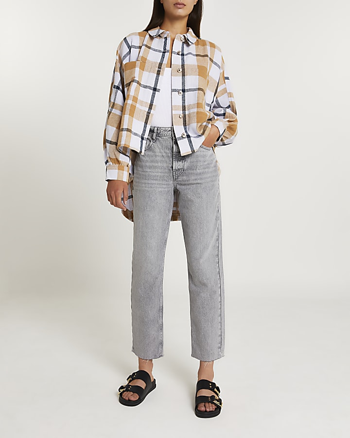 Beige checked oversized batwing shirt