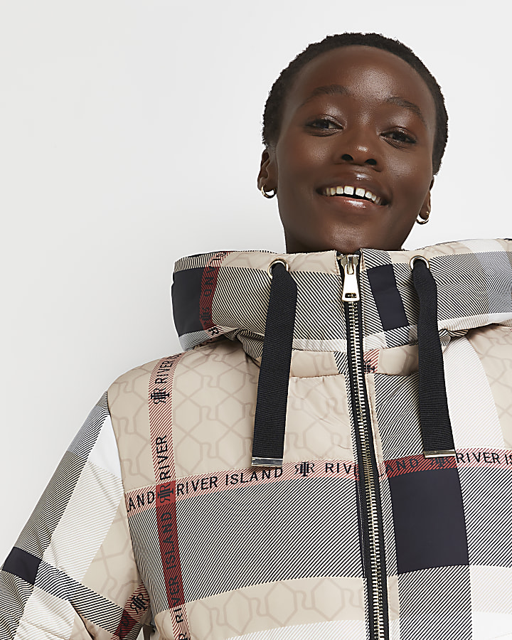 Beige checked puffer coat