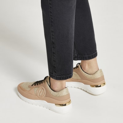 Beige chunky branded lace up trainers | River Island