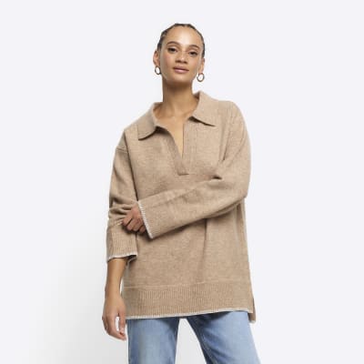 Beige collared cosy jumper River Island