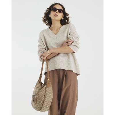 Beige Cosy Knitted V Neck Jumper