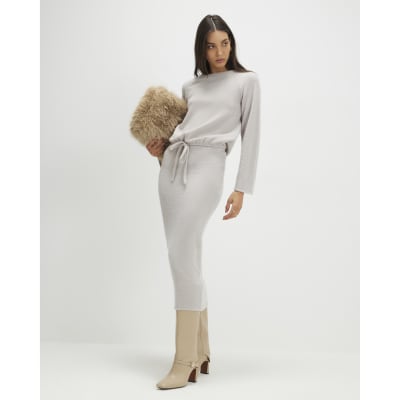 Beige Cosy Ribbed Midi Skirt