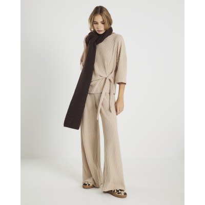 Beige Cosy Ribbed Wide Leg Trousers