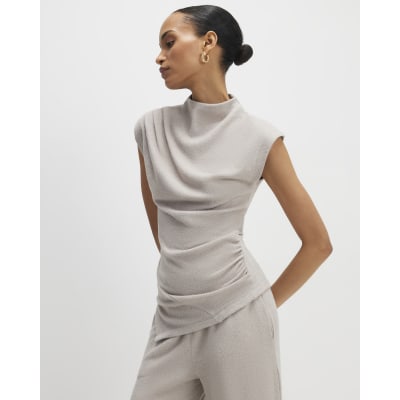 Beige Cosy Sleeveless Drape Top