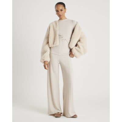 Beige Cosy Wide Leg Ribbed Trousers