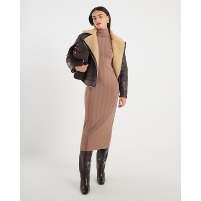 Beige Cosy Wide Rib Midi Dress