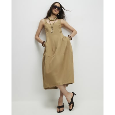River Island Beige Cotton Blend Cocoon Midi Dress