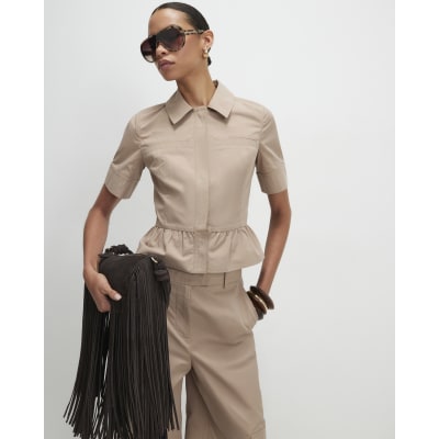 Beige Cotton Blend Utility Peplum Shirt