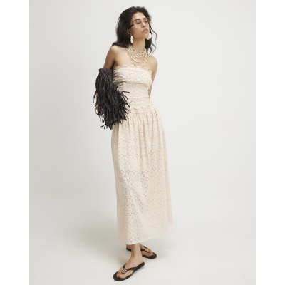 Beige Cotton Broderie Full Maxi Skirt
