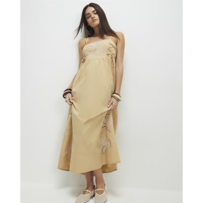 River Island Beige Cotton Broderie Tie Side Midi Dress