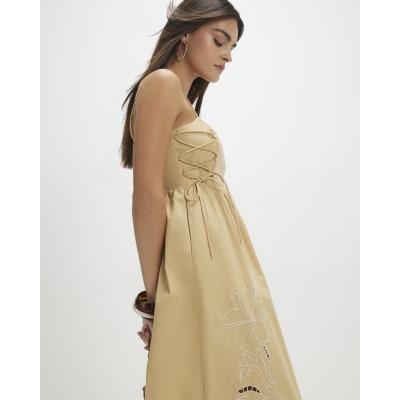 river island cotton dresses Orange Cotton Blend Texture Stripe Midi Dress
