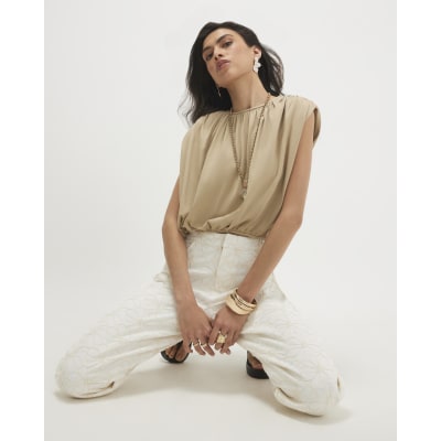 Beige Cotton Bubble Hem T-Shirt